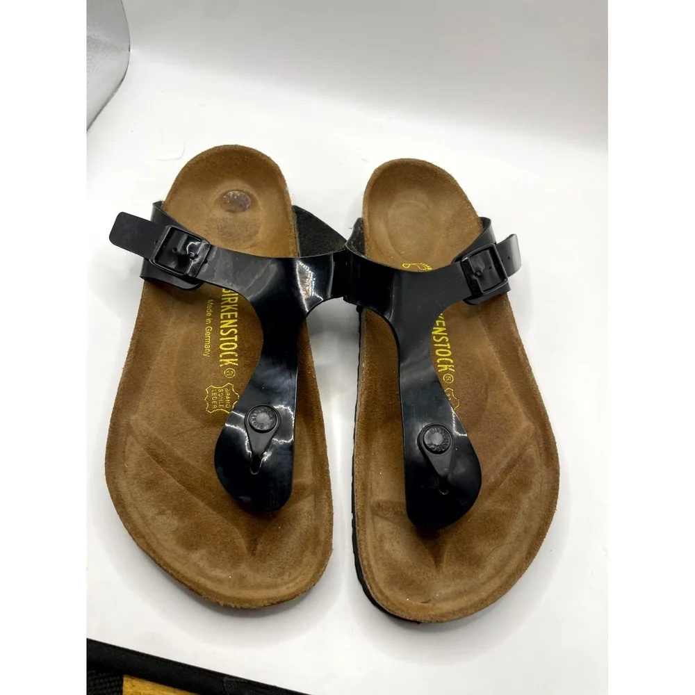Birkenstock Gizeh Unisex M6/W8 Thong Black Birko-Flor Patent Slip On Sandals